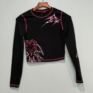 Vitriol Black Pink Cyber Sigilism Tribal Graphic Long Sleeve Crop Top Small